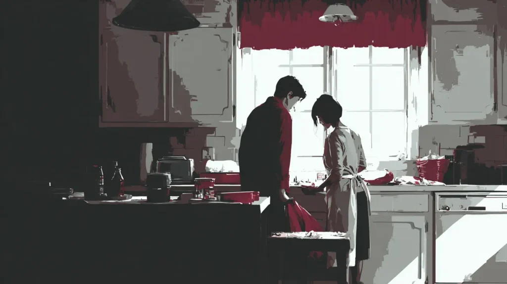 Couple handling everyday household tasks in a realistic kitchen setting.