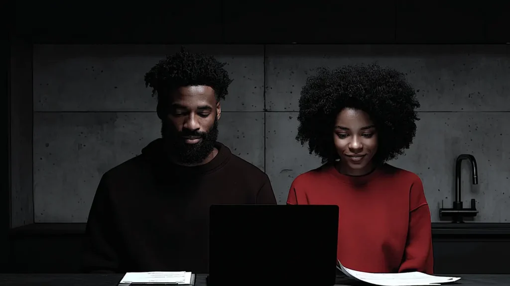 Couple reviewing bills and a budget before living together.