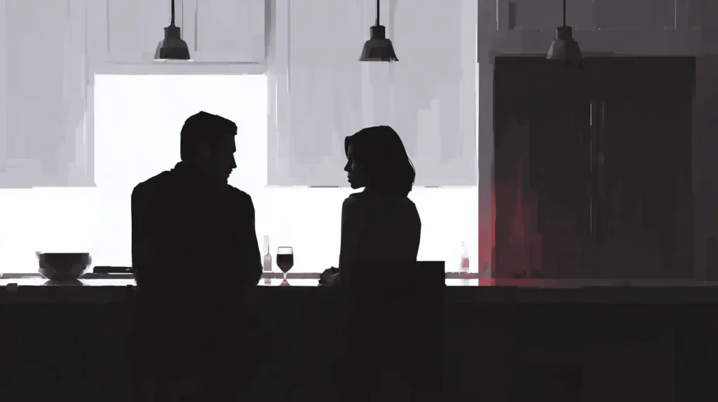 Couple having a tense but controlled conversation about conflict in a shared home.