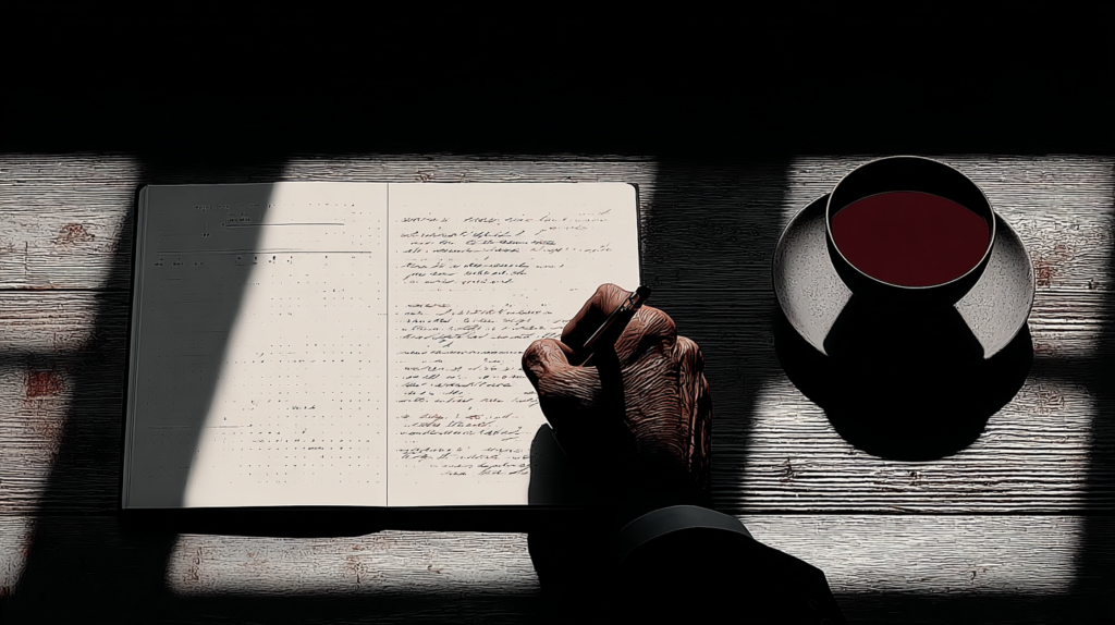 Man writing down relationship standards and personal boundaries in a notebook.